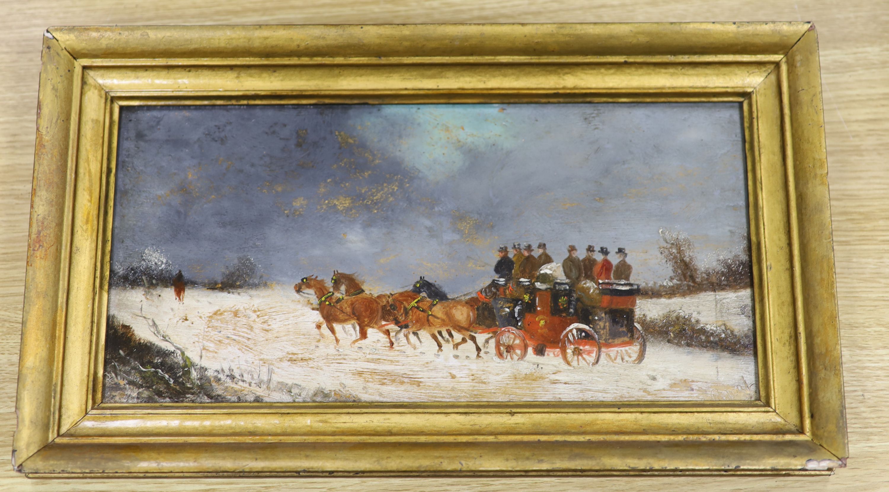 Philip H Rideout (1860-1920), oil on board, Coach in winter, signed, 16 x 33cm